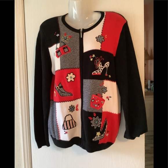 Holiday Cardigan Alfred Dunner zip red white&black beads holiday attire pretty - Picture 2 of 12